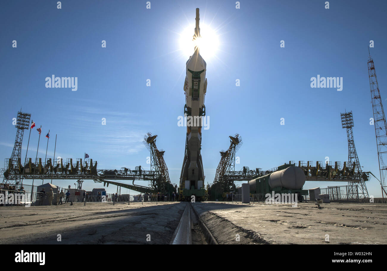 The Soyuz TMA-09M spacecraft is seen as it is rolled out by train to the Baikonur Cosmodrome launch pad, in Kazakhstan Sunday, May 26, 2013.  The launch of the Soyuz rocket to the International Space Station (ISS) with Expedition 36/37 Soyuz Commander Fyodor Yurchikhin of the Russian Federal Space Agency (Roscosmos), Flight Engineers; Luca Parmitano of the European Space Agency, and Karen Nyberg of NASA, is scheduled for Wednesday May 29, Kazakh time. Yurchikhin, Nyberg and Parmitano, will remain aboard the station until mid-November.   UPI/Bill Ingalls/NASA Stock Photo