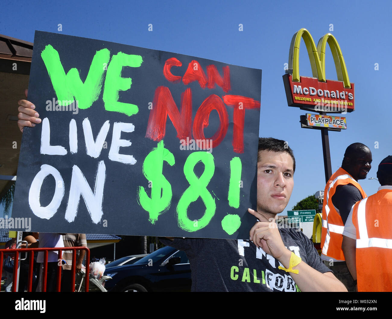 Fast food workers in the Los Angeles area began their first strike today, part of a nationwide attempt to raise the federal.minimum wage to $15 per hour and form a union. Organizers claim fast food workers are forced to rely on public assistance just to make ends meet.''  UPI/Jim Ruymen Stock Photo
