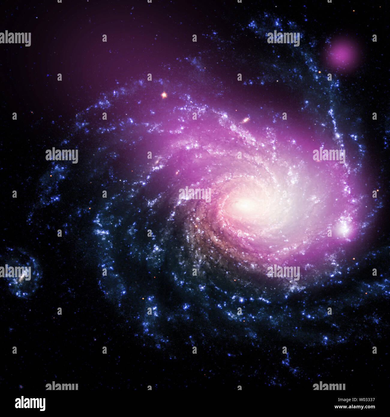 Observations with NASA's Chandra X-ray Observatory have revealed a massive cloud of multimillion-degree gas in a galaxy about 60 million light years from Earth.   The hot gas cloud is likely caused by a collision between a dwarf galaxy and a much larger galaxy called NGC 1232.  If confirmed, this discovery would mark the first time such a collision has been detected only in X-rays, and could have implications for understanding how galaxies grow through similar collisions. An image combining X-rays and optical light shows the scene of this collision. The impact between the dwarf galaxy and the Stock Photo