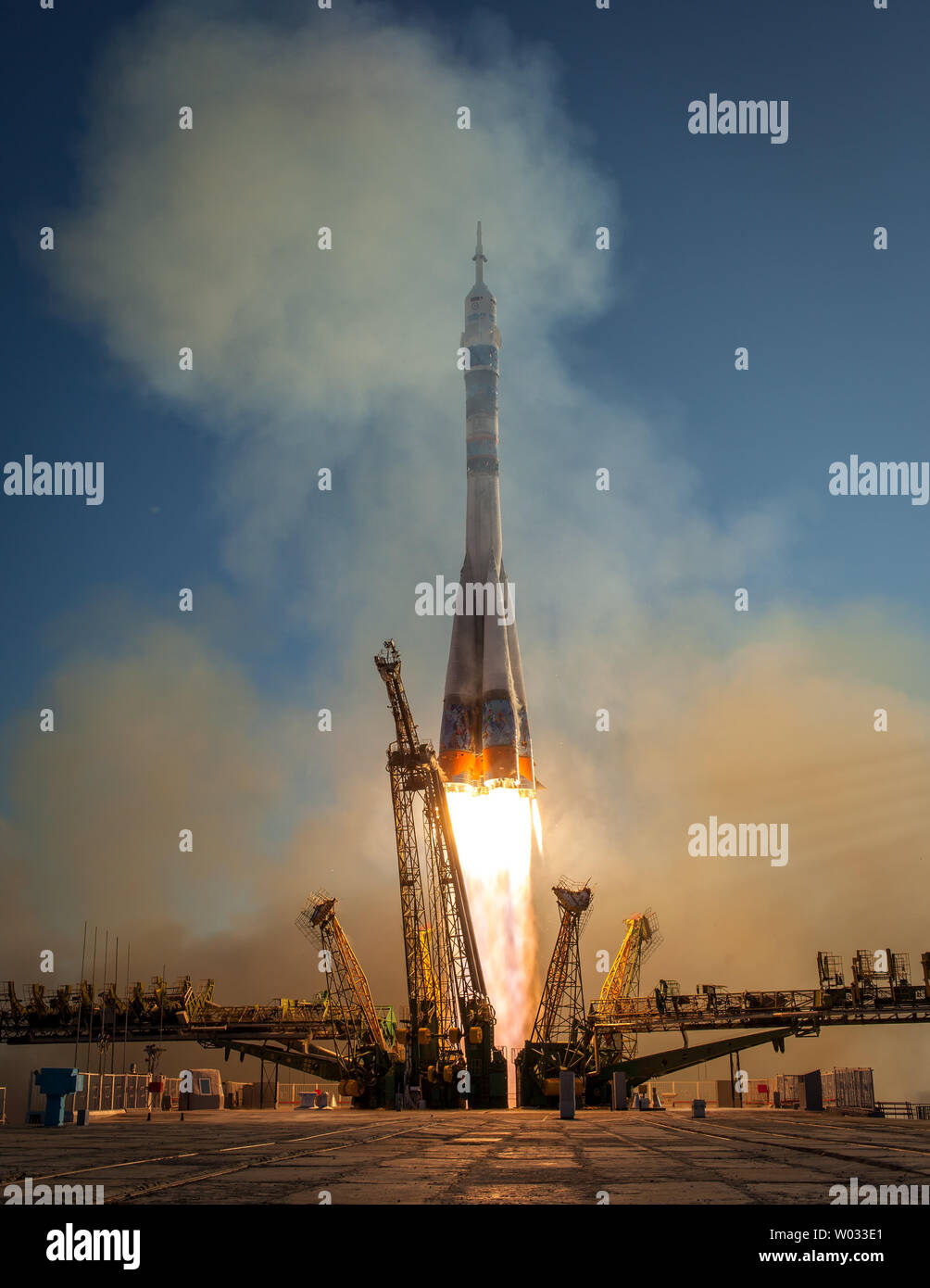 The Soyuz TMA-11M rocket is launched with Expedition 38 Soyuz Commander Mikhail Tyurin of Roscosmos, Flight Engineer Rick Mastracchio of NASA and Flight Engineer Koichi Wakata of the Japan Aerospace Exploration Agency onboard at the Baikonur Cosmodrome in Kazakhstan on November 7, 2013.  The Olympic torch was launched with the crew of Expedition 38 to the International Space Station. It will be passed from one module to the next and will go on its first spacewalk on November 9 with two Russian cosmonauts as part of its international relay.  UPI/Carla Cioffi/NASA Stock Photo