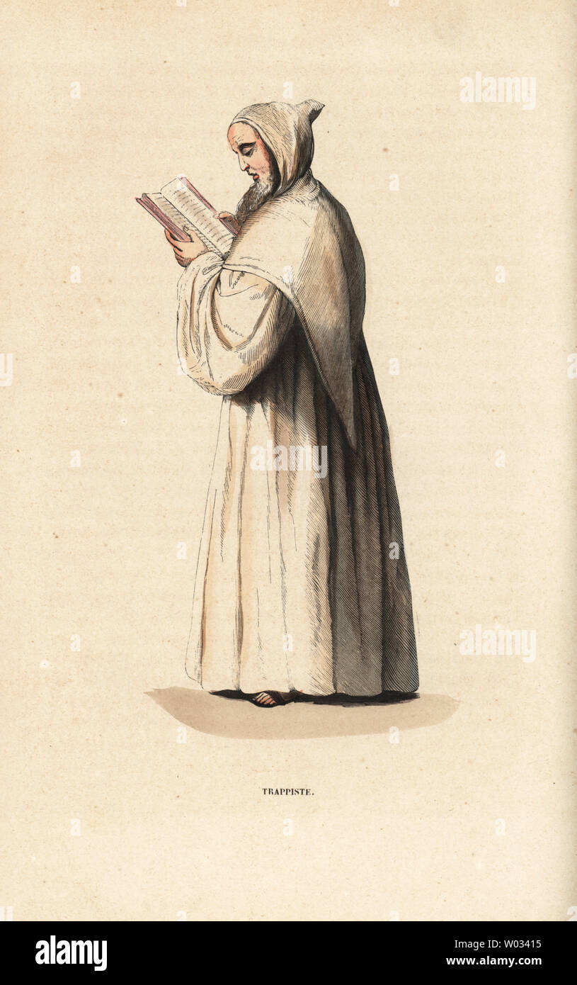 Trappist monk reading a Bible, Order of Cistercians of the Strict Observance, Trappiste, L'ordre cistercien de la Stricte Observance. Handcoloured woodblock engraving after an illustration by Jacques Charles Bar from Abbot Tiron’s Histoire et Costumes des Ordres Religieux, Librairie Historique-Artistique, Brussels, 1845. Stock Photo