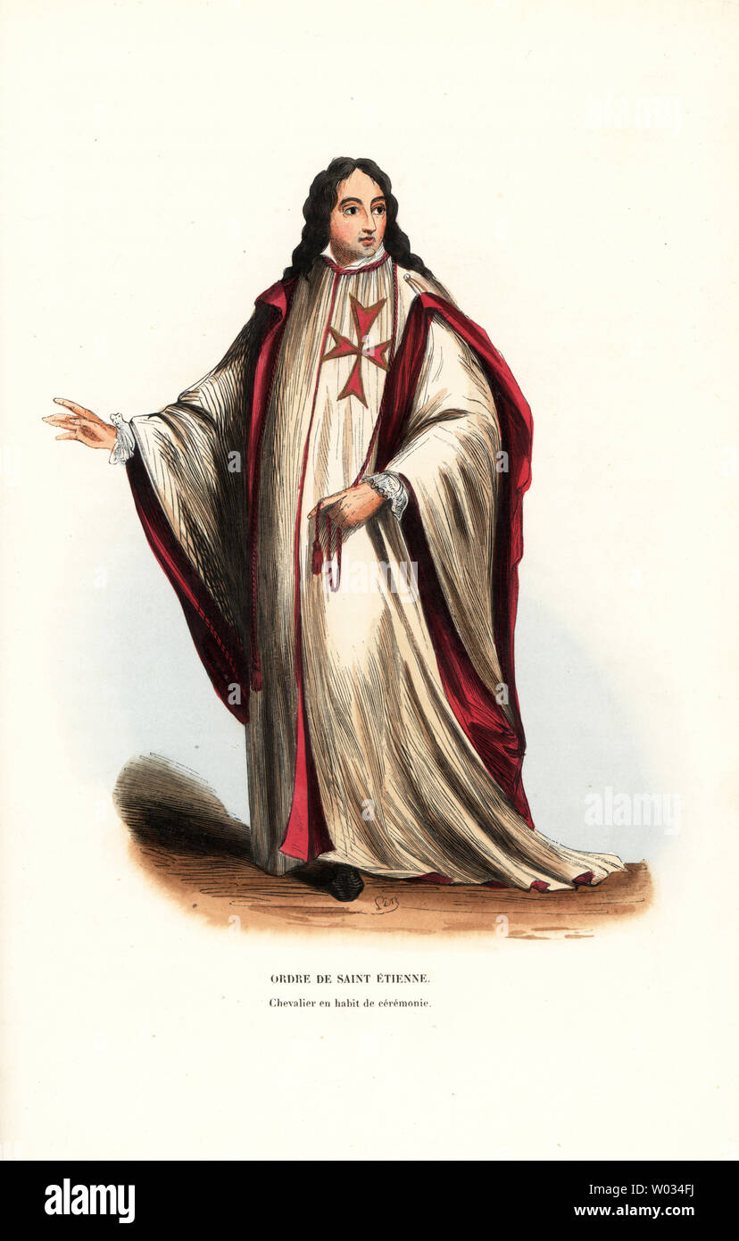Knight in ceremonial robes of the Order of Saint Stephen, a Hungarian order  of chivalry, Chevalier en habit de ceremonie, Ordre de Saint Etienne.  Handcoloured woodblock engraving by L. Lisbet after an