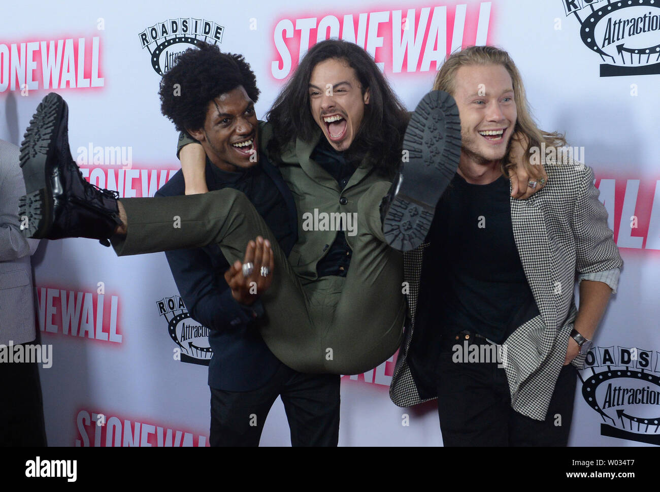 Cast members Vladimir Alexis, Jonny Beauchamp and Caleb Landry Jones (L-R)  attend the premiere of the motion picture drama "Stonewall" at the Pacific  Design Center in Los Angeles on September 23, 2015.