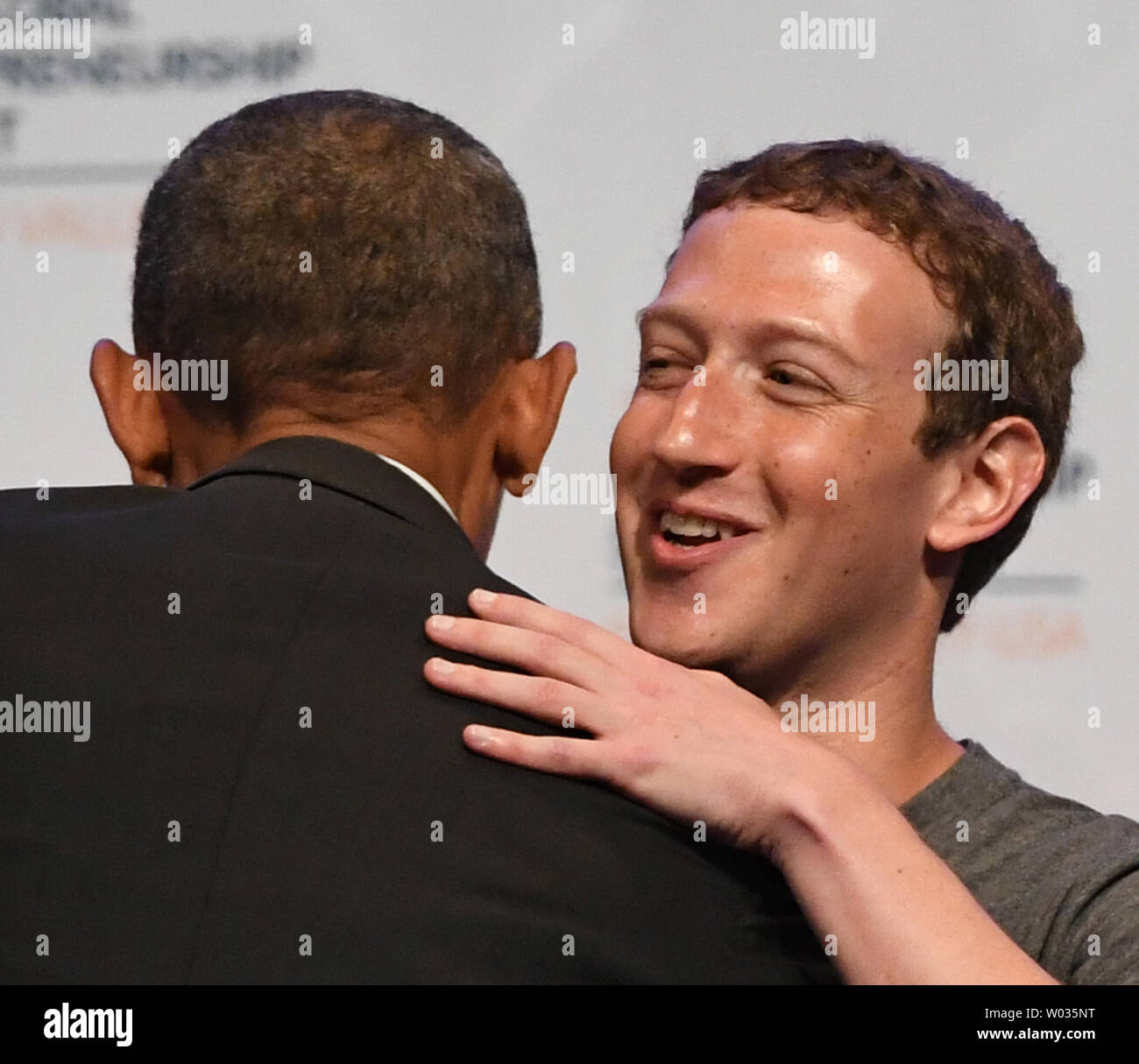President Barack Obama (L) greets Facebook founder Mark Zuckerberg to a panel discussion at the Global Entrepreneurship Summit 2016 at Stanford University in Palo Alto, California, on June 24, 2016. GES aims to connect American entrepreneurs and investors with international counterparts. Photo by Terry Schmitt/UPI Stock Photo