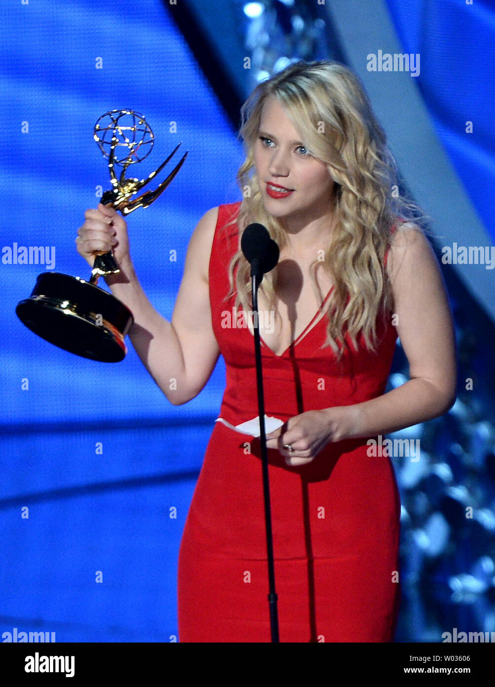Actress Kate McKinnon accepts the award for Outstanding Supporting Actress in a Comedy Series for 'Saturday Night Live' onstage during the 68th annual Primetime Emmy Awards at Microsoft Theater in Los Angeles on September 18, 2016. Photo by Jim Ruymen/UPI Stock Photo