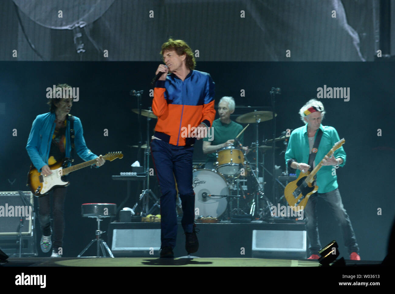 Musicians Ron Wood, Mick Jagger, Charlie Watts and Keith Richards of The Rolling Stones perform onstage during Desert Trip 1 at the Empire Polo Field on October 7, 2016 in Indio, California, on October 7, 2016. Photo by Jim Ruymen/UPI Stock Photo