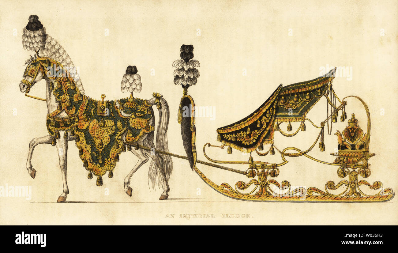 Imperial sledge or sleigh used by the Emperors of Austria and Russia at a sledge party in Vienna, January 1815. Phaeton carriage with elaborate gilt work upholstered in gold and green velvet. Handcoloured copperplate engraving from Rudolph Ackermann’s Repository of Arts, London, 1816. Stock Photo