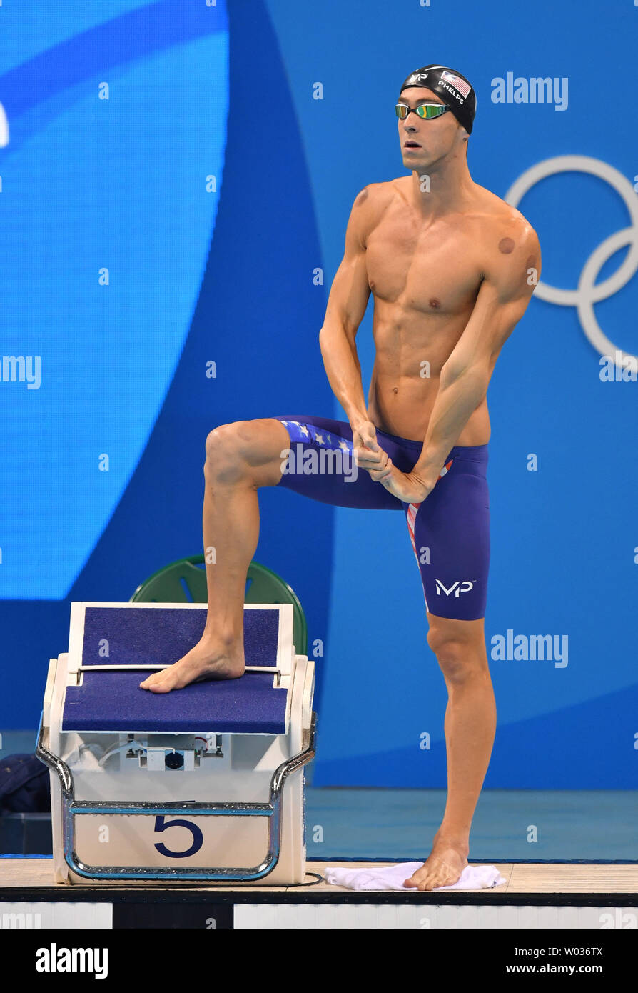 Michael Phelps of the United States prepares to compete in the Men's 200m butterfly at the Olympic Aquatics Stadium at the 2016 Rio Summer Olympics in Rio de Janeiro, Brazil, on August 9, 2016. Phelps went on to win gold with a time of with a time of 1:53.36. This is his 20th career gold medal. Photo by Kevin Dietsch/UPI Stock Photo
