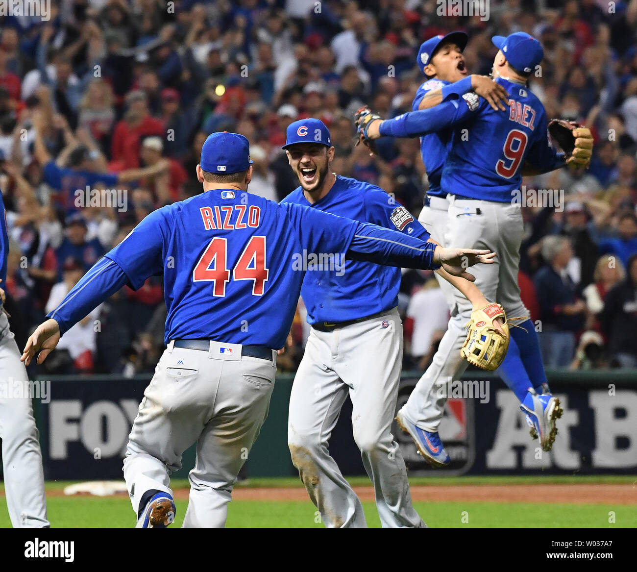 Chicago Cubs Kris Bryant celebrates with Anthony Rizzo (44) after the final  out over the Cleveland Indians during the tenth inning of World Series game  7 at Progressive Field in Cleveland, Ohio