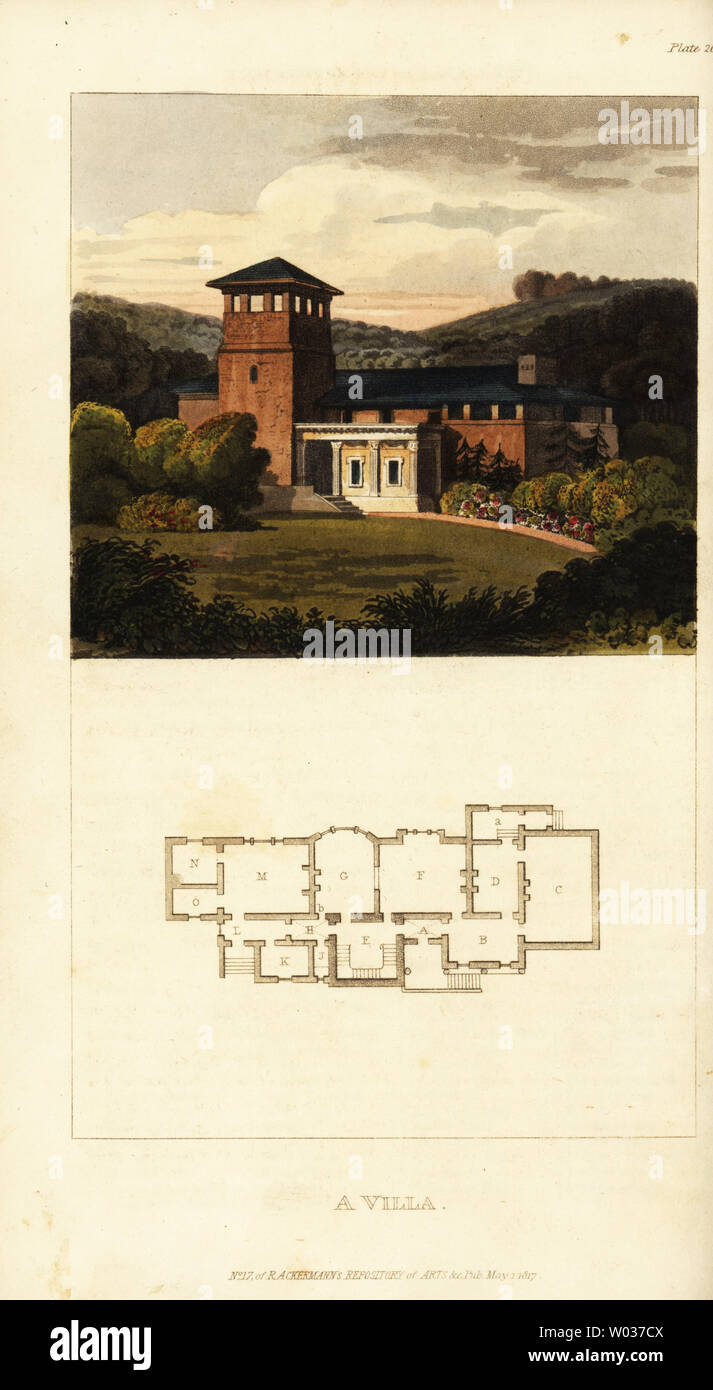 Plan and elevation of a Regency artist’s villa. Floorplan shows entrance hall A, anteroom B, picture gallery C, painting room D, drawing room F, dining room G, pantry K, servants’ entrance L, kitchen M, scullery N, larder O. Handcoloured copperplate engraving from Rudolph Ackermann’s Repository of Arts, London, 1817. Stock Photo