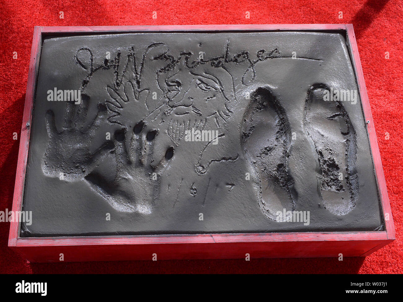 Actor Jeff Bridges hand & footprint are on display during a hand and footprint ceremony immortalizing him in the forecourt of TCL Chinese Theatre (formerly Grauman's) in the Hollywood section of Los Angeles on January 6, 2017. Photo by Jim Ruymen/UPI Stock Photo