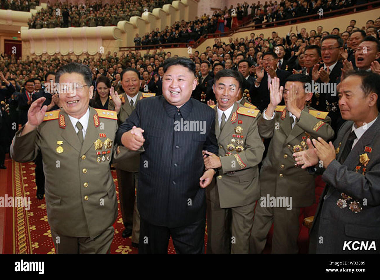 North Korean leader Kim Jong Un, accompanied by his wife, Ri Sol-Ju, hosted a lavish gala at the People's Theatre in Pyongyang on September 10, 2017, to celebrate last week's 'perfect success in the H-bomb test.' The evening's festivities began with a rendering of the National Anthem before performing 'Glory to General Kim Jong Un,' 'The Glorious Motherland,' and other traditional songs. Photo by KCNA/UPI Stock Photo