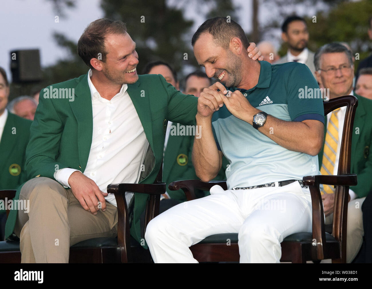 Sergio Garcia (R) is congratulated by 2016 Masters Champion Danny Willett  after Garcia won the 2017 Masters Tournament at Augusta National Golf Club  in Augusta, Georgia on April 9, 2017. Garcia beat out Justin Rose by one  stoke in a one hole playoff ...