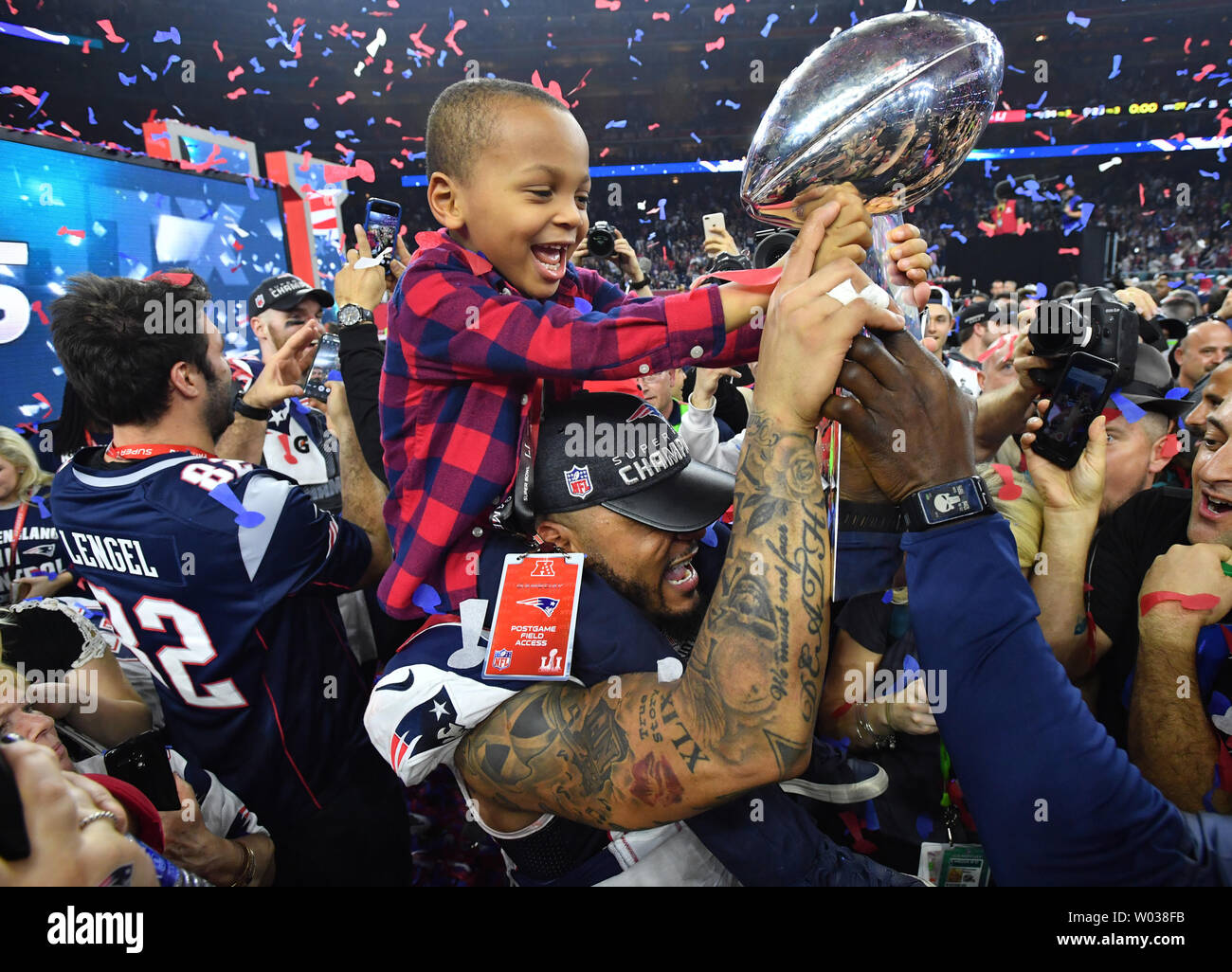 New England Patriots wide receiver Matthew Slater (#18) celebrates during  the post game ceremony for Super Bowl LI after theNew England Patriots  defeated the Atlanta Falcons 34-28 in overtime held at the