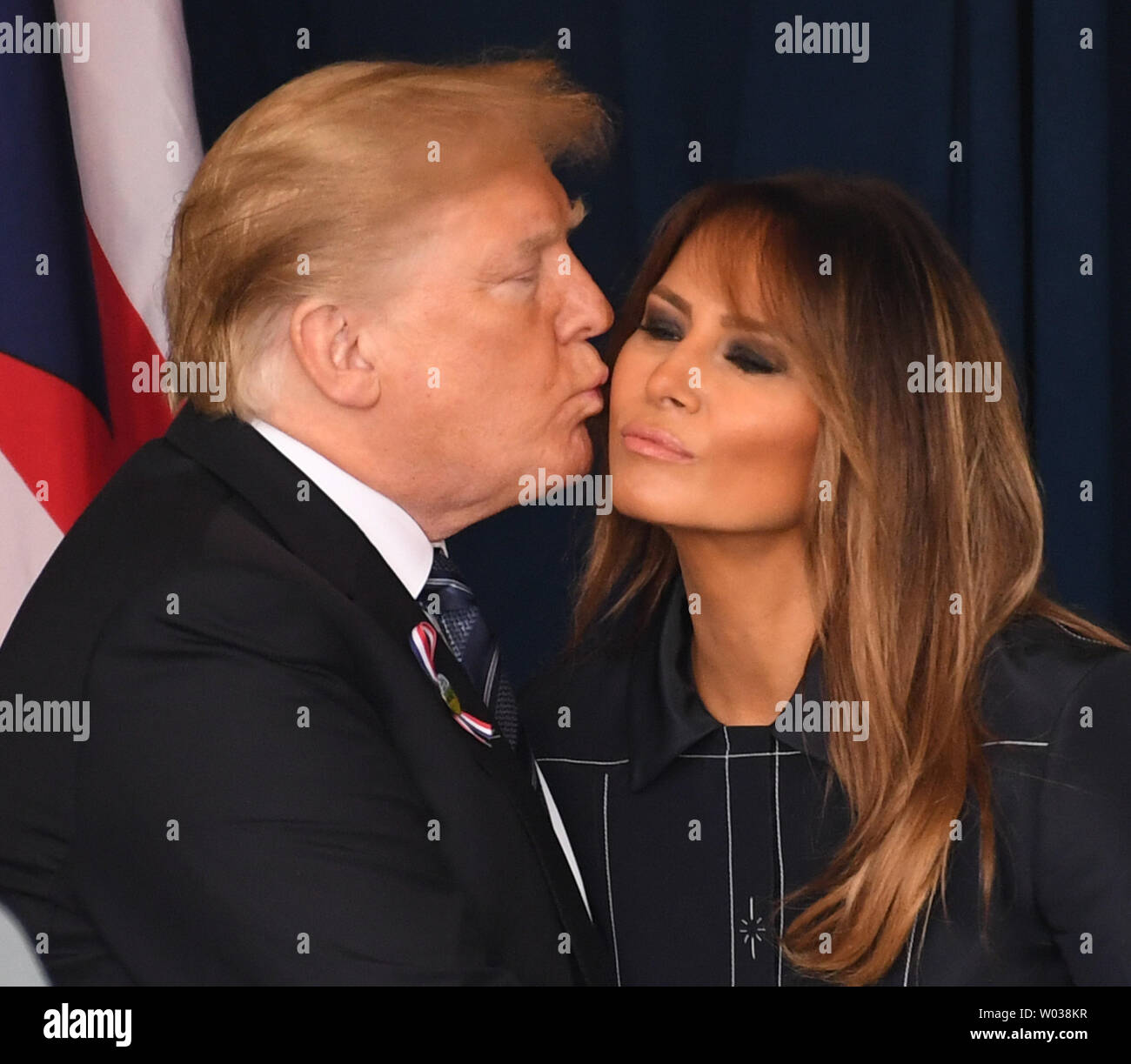 President Donald Trump kisses First Lady Melania Trump following a ceremony marking the anniversary of 9/11 at the Flight 93 National Memorial in Shanksville, Pennsylvania on Tuesday, September 11, 2018. Flight 93 crashed during the September 11, 2001 terrorist attacks. Photo by Pat Benic/UPI Stock Photo