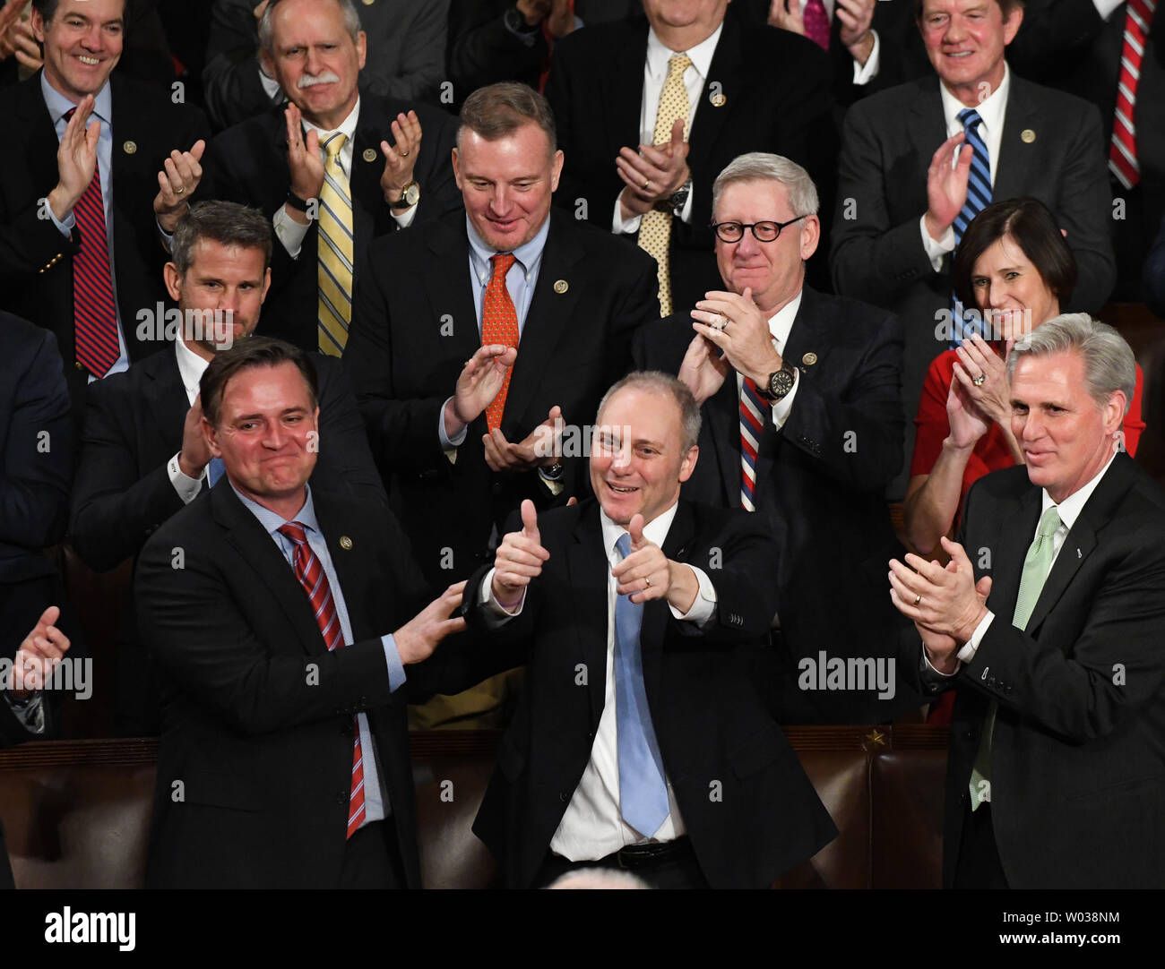 Republican House Majority Whip Steve Scalise gives a thumbs up to President Donald Trump during his State of the Union address to a joint session of Congress in the House Chamber at the U.S. Capitol in Washington, D.C., on January 30, 2018. Trump recognized Scalise for being back to work after being shot at practice for a Congressional baseball game. Photo by Pat Benic/UPI Stock Photo