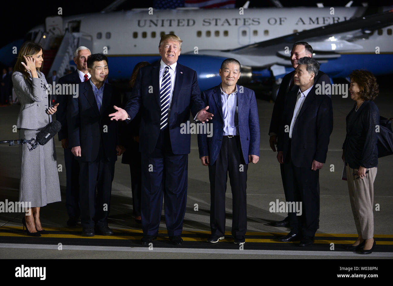 President Donald Trump speaks with members of the media after greetin three American citizens Kim Hak-Song, Kim Dong-Chul, and Kim Sang-Duk, who were detained in North Korea, at Joint Base Andrews in Maryland on May 10, 2018. Photo by Leigh Vogel/UPI Stock Photo