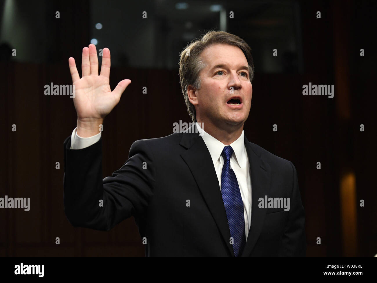 Brett M. Kavanaugh, President Trump's nominee to be the next Supreme Court associate justice, is sworn-in before delivering his opening statement on the first day of his confirmation hearing before the Senate Judiciary Committee, on Capitol Hill in Washington, D.C., on September 4, 2018. Judge Kavanaugh was nominated to fill the seat of Justice Anthony M. Kennedy who announced his retirement in June. Photo by Pat Benic/UPI Stock Photo