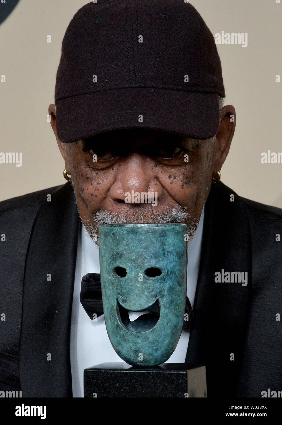 Morgan Freeman appears backstage with the Screen Actors Guild Life Achievement Award during the the 24th annual SAG Awards held at the Shrine Auditorium in Los Angeles on January 21, 2018. The Screen Actors Guild Awards will be broadcast live on TNT and TBS.  Photo by Jim Ruymen/UPI Stock Photo