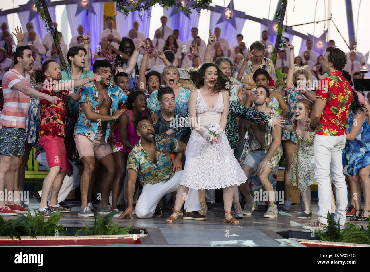 The Broadway Cast of 'Escape to Margaritaville' sing Jimmy Buffett songs during a dress rehearsal for the Capitol Fourth concert in Washington, DC on July 3, 2018.  The annual PBS TV show will be performed live with fireworks during the Fourth of July celebrations in the nation's capital on July 4, 2018.   Photo by Pat Benic Stock Photo