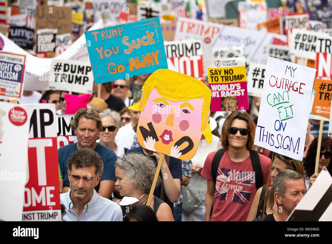 Demonstrators march from Portland Place to Trafalgar Square on July 13, 2018, in London, England, in a protest against U.S. President Donald Trump's visit. Photo by Joel Goodman/UPI Stock Photo