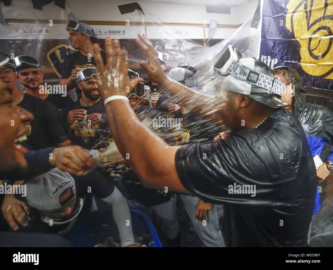 Milwaukee Brewers players celebrate after defeating the Chicago Cubs and winning a National League Central Division title at Wrigley Field on October 1, 2018 in Chicago. Photo by Kamil Krzaczynski/UPI Stock Photo