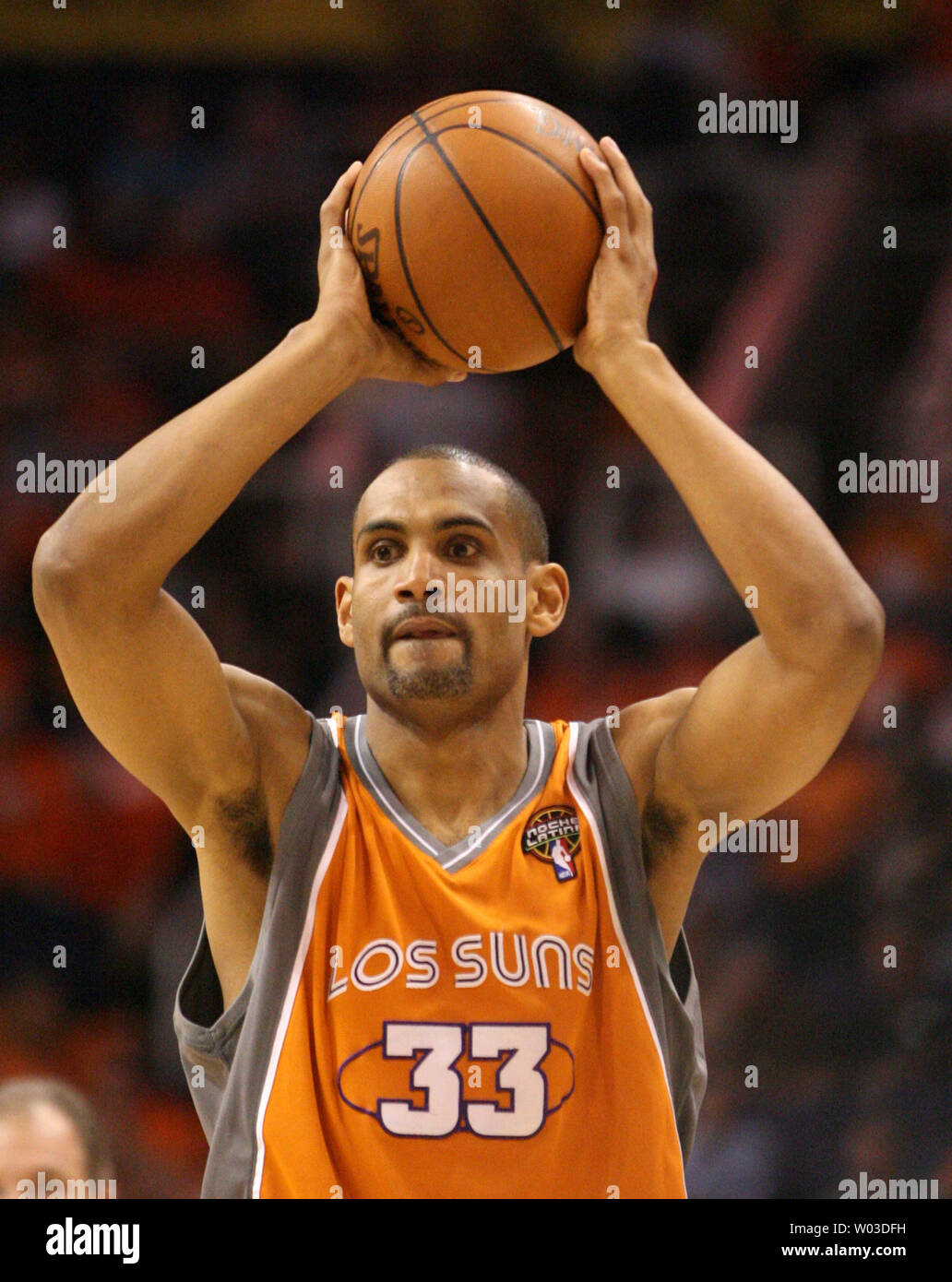 Phoenix Suns Grant Hill wears the Los Suns jersey which is indicative of the immigration controversy in Arizona during the first  quarter of  Game 2 of the second round of the NBA Western Conference Playoffs at the US Airways Center, in Phoenix, AZ, May 5,2010.   UPI/Art Foxall Stock Photo