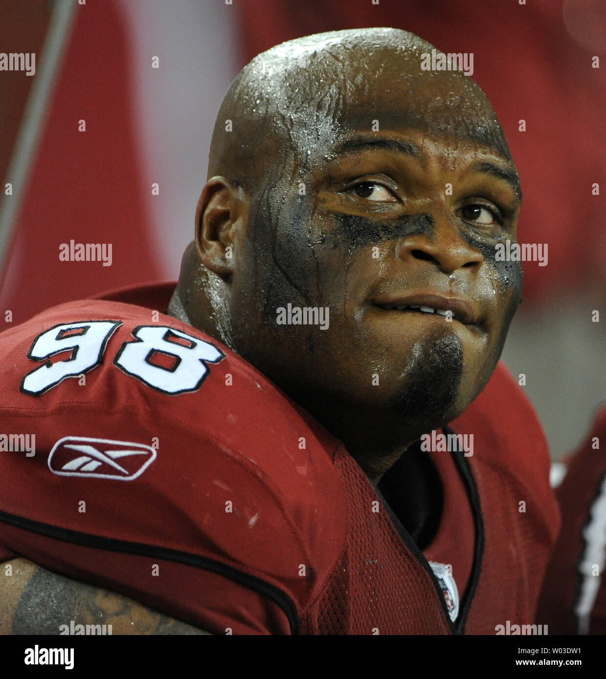 Arizona Cardinals tackle Gabe Watson looks up at the scoreboard in the last minutes of the Cardinals-Dallas Cowboys game at University of Phoenix Stadium in Glendale, AZ  December 25,2010.  The Cardinals defeated the Cowboys 27-26. UPI Photo/Art Foxall Stock Photo