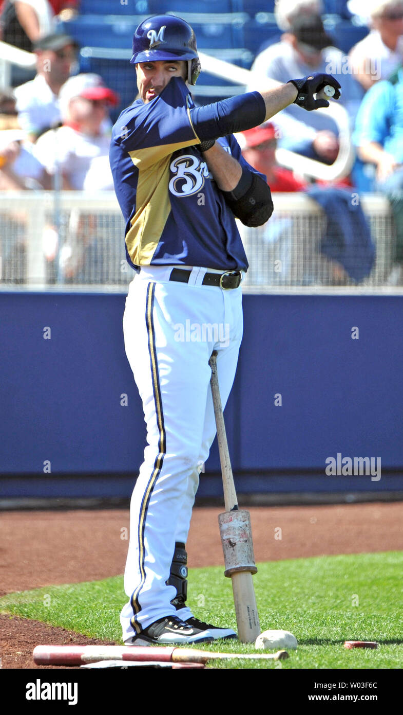 Ryan Braun of the Milwaukee Brewers grips his bat during batting practice  before the Brewers Cactus League spring training game against the  Cincinnati Reds at Maryville Baseball Park in Phoenix, Arizona, March