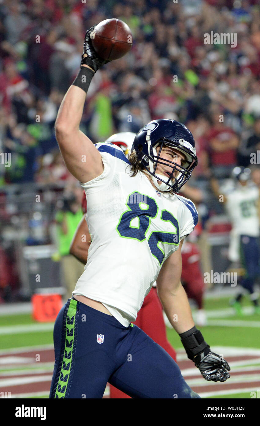 Seattle Seahawks Luke Wilson (82) celebrates his touchdown in the fourth  quarter against the Arizona Cardinals at the University of Phoenix Stadium  in Glendale, Arizona December 21, 2014. The Seahawks defeated the