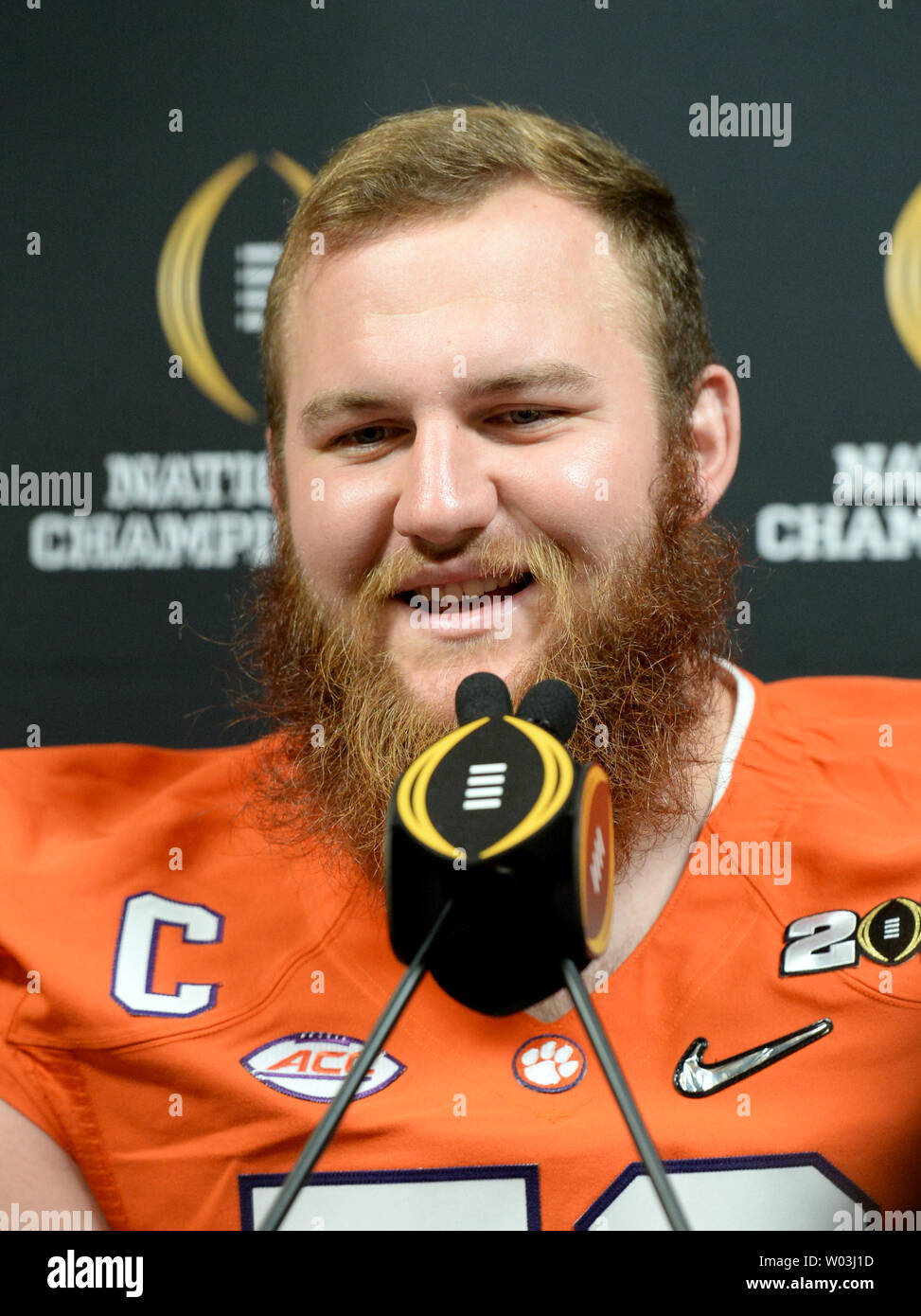 Clemson Tigers offensive guard Eric Mac Lain talks to the media at Media Day for the College Football Playoff National Championship at the Phoenix Convention Center in Phoenix, Arizona, January 9, 2016. Photo by Art Foxall/UPI Stock Photo