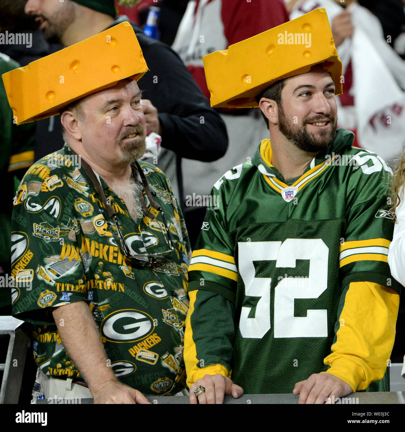 Two Green Bay Packers fans are all decked out for the Packers-Arizona Cardinals game at University of Phoenix Stadium in Glendale, Arizona on January 16, 2016. Photo by Art Foxall/UPI Stock Photo