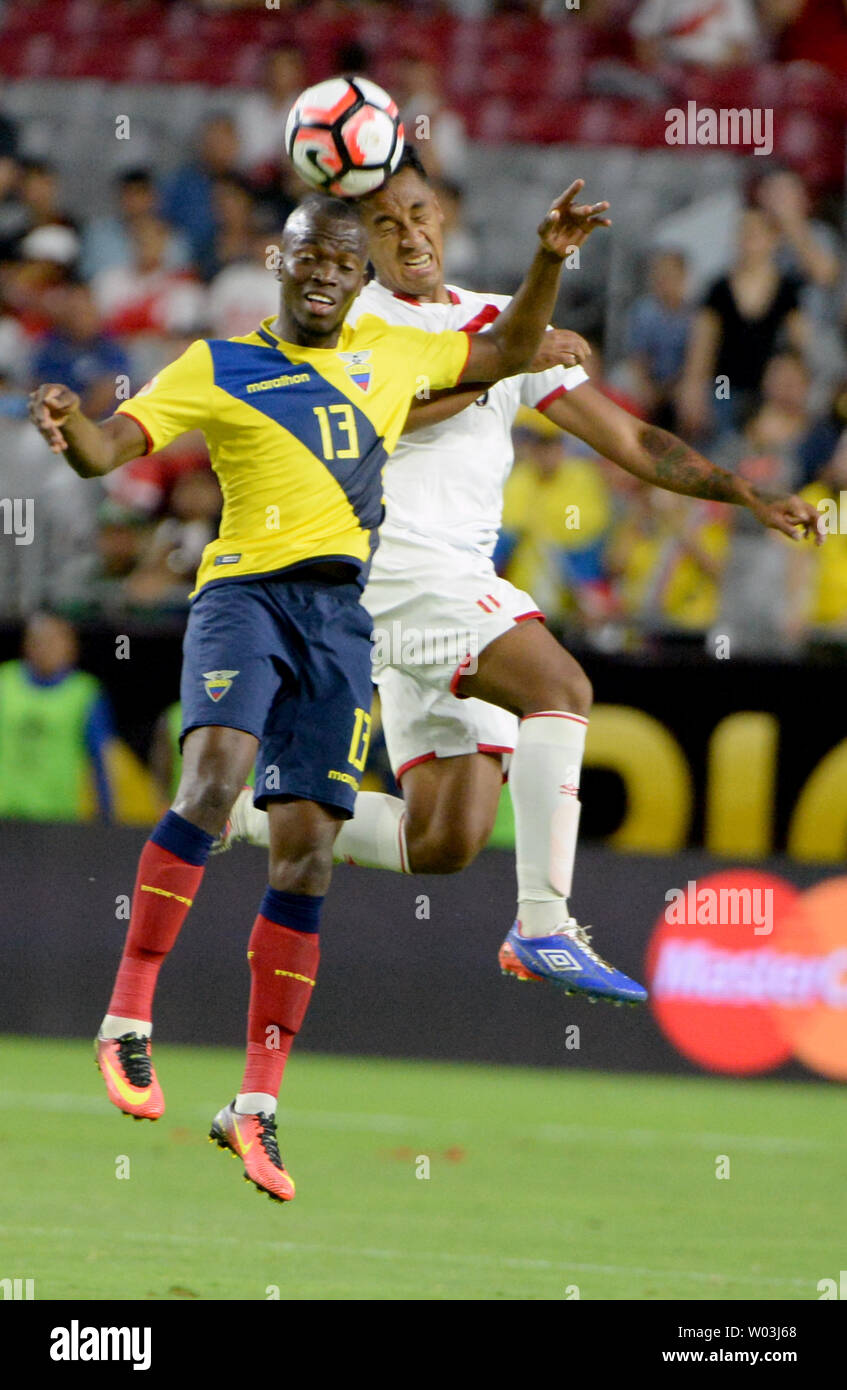 Ecuador's Enner Valencia (L) and Peru's Renato Tapia head the ball in the second half of the Ecuador-Peru match during the COPA America Centenario at University of Phoenix Stadium in Glendale, Arizona, June 8,  2016.  Equator and Peru played to a 2-2 tie. Photo by Art Foxall/UPI Stock Photo