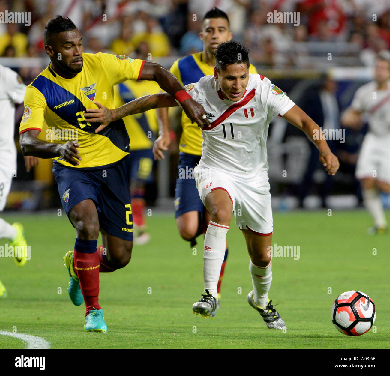 Peru's Raul Ruidiaz (R) gets the ball away from Ecuado's Gabriel Achilles in the second half of the Ecuador-Peru match during the COPA America Centenario at University of Phoenix Stadium in Glendale, Arizona, June 8,  2016.  Equator and Peru played to a 2-2 tie. Photo by Art Foxall/UPI Stock Photo