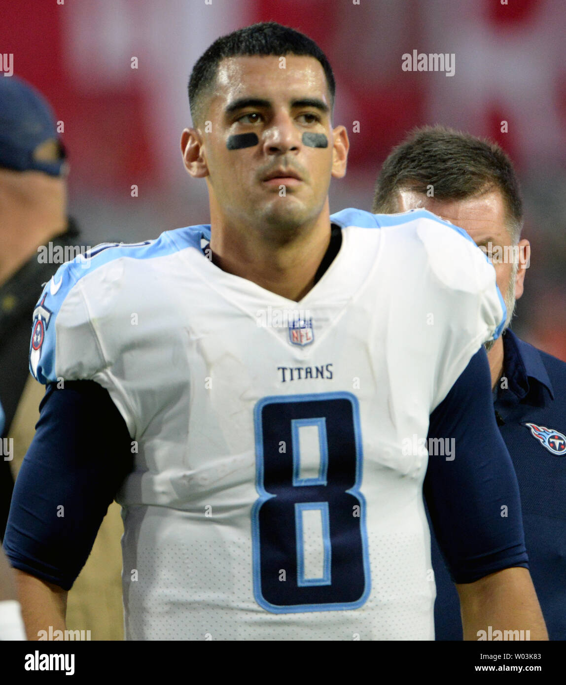 East Rutherford, New Jersey, USA. 13th Dec, 2015. Tennessee Titans  quarterback Marcus Mariota (8) in action prior to the NFL game between the  Tennessee Titans and the New York Jets at MetLife