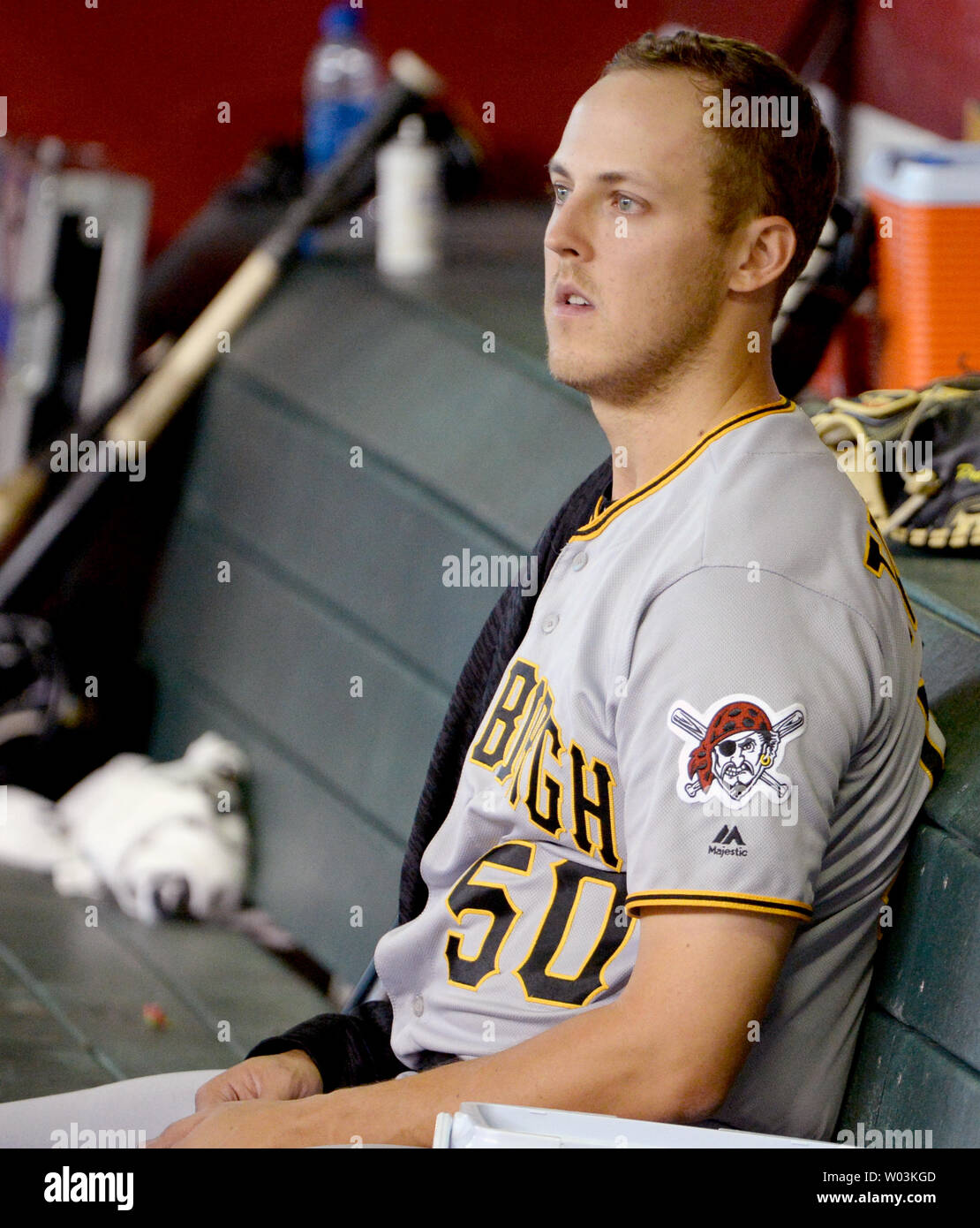 Pittsburgh Pirates' starting pitcher Jameson Taillon sits in the