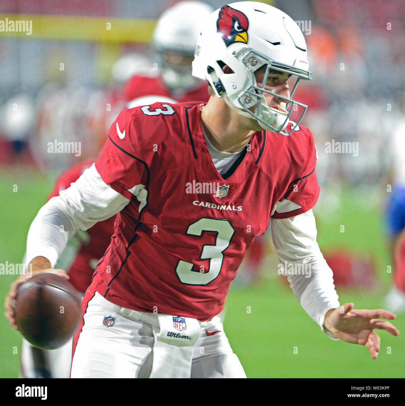 Arizona Cardinals  quarterback Josh Rosen turns to hand off as he warms up before the Cardinals-Denver Broncos game at University of Phoenix Stadium in Glendale, Arizona on August 30 2018.  Photo by Art Foxall/UPI Stock Photo
