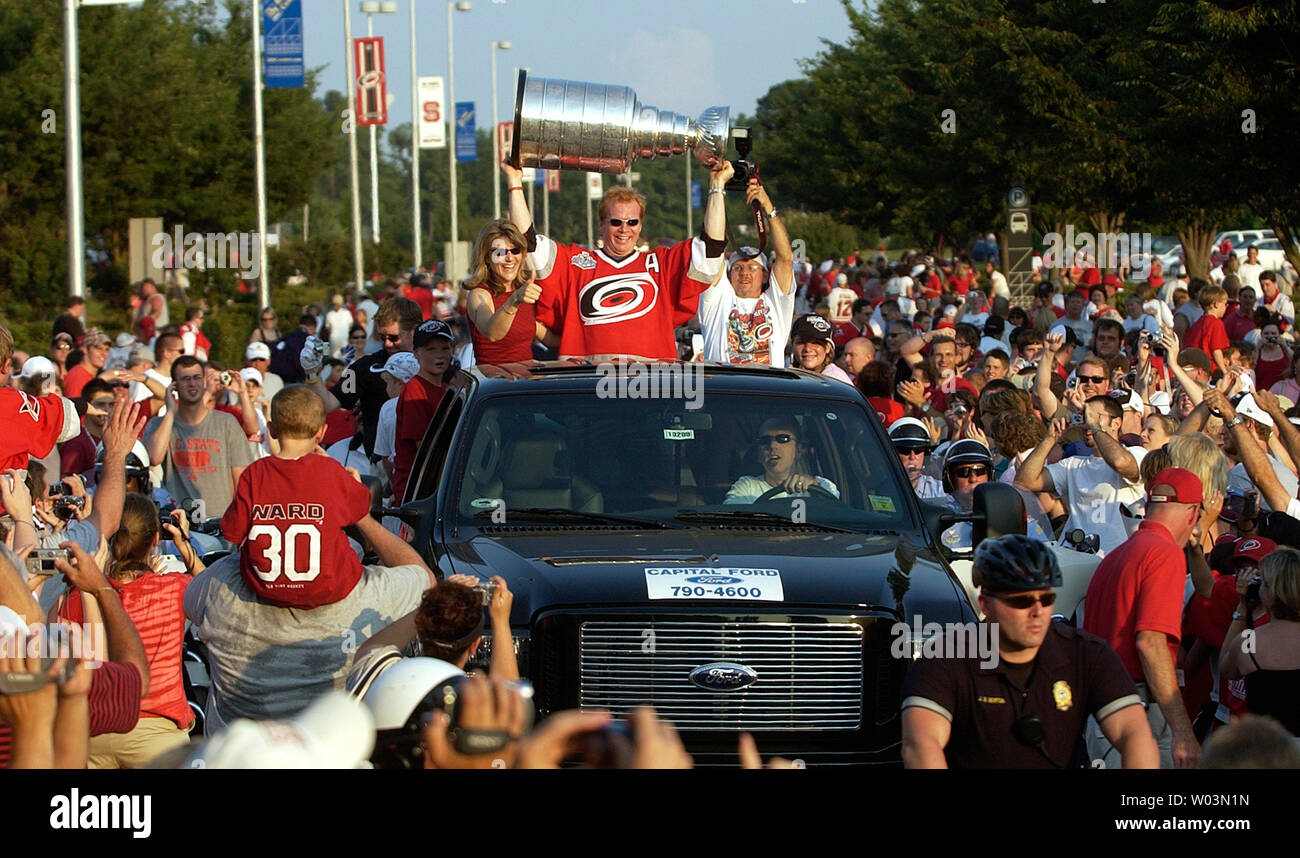 Carolina Hurricanes' mascot Stormy waves to the crowd during a parade to  celebrate the team's NHL Stanley Cup Championship at the RBC Center in  Raleigh, NC June 20, 2006. Carolina defeated the