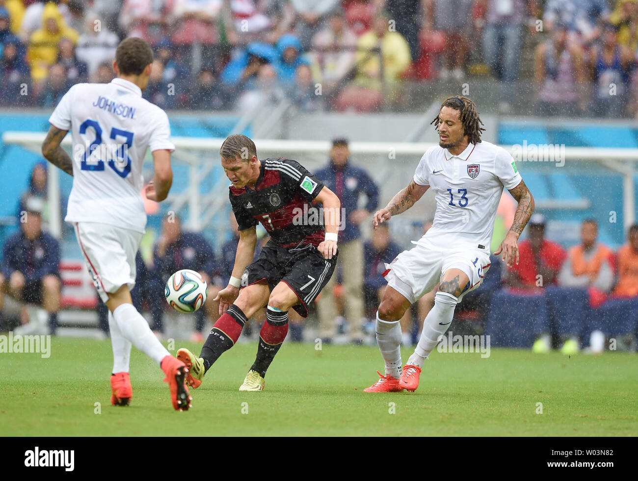 Jermaine Jones of USA competes with Bastian Schweinsteiger (L) of Germany during the 2014 FIFA World Cup Group G match at the Arena Pernambuco in Recife, Brazil on June 26, 2014. UPI/Chris Brunskill Stock Photo