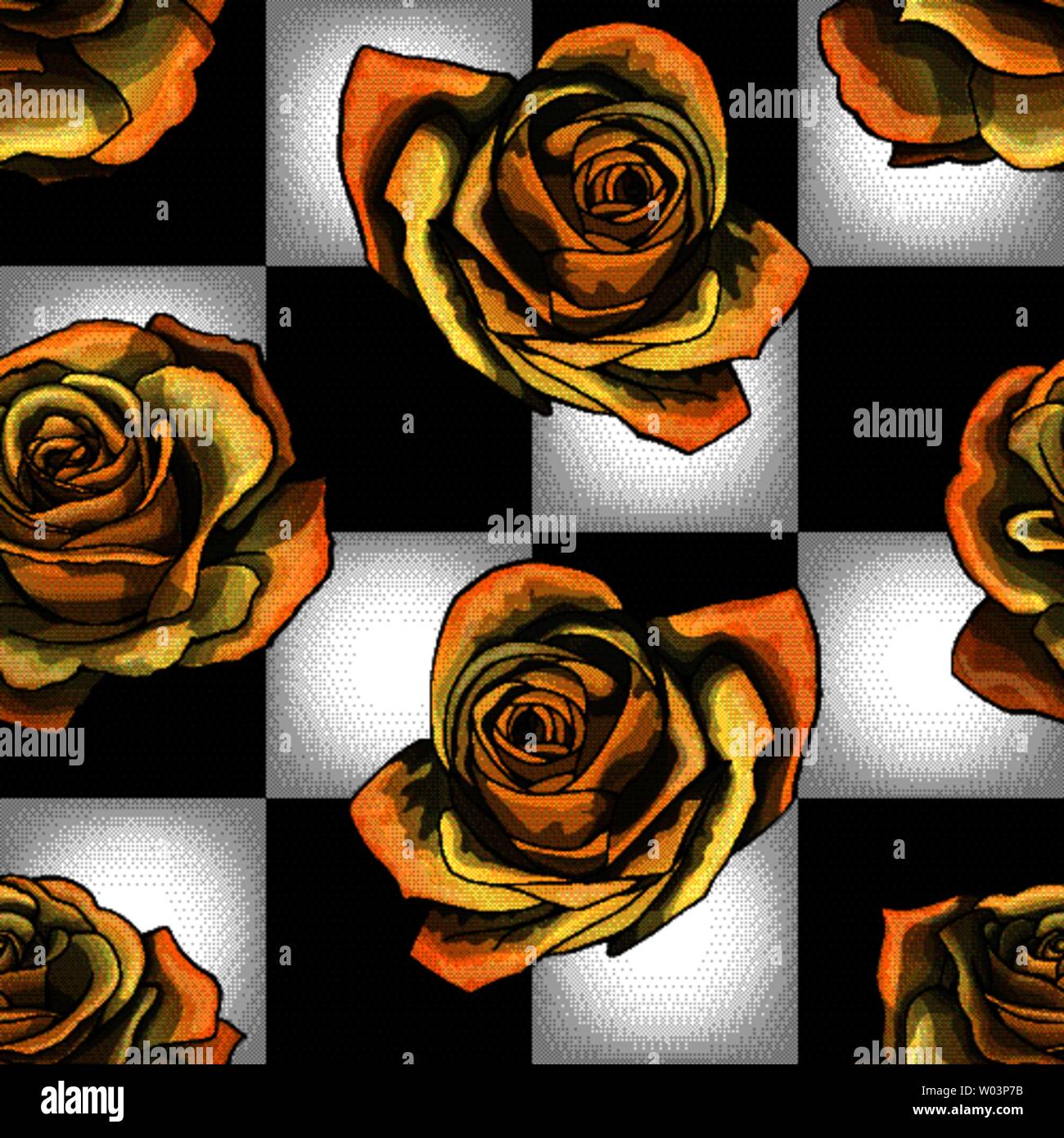 Golden roses on chessboard background. Vector seamless pattern Stock Vector