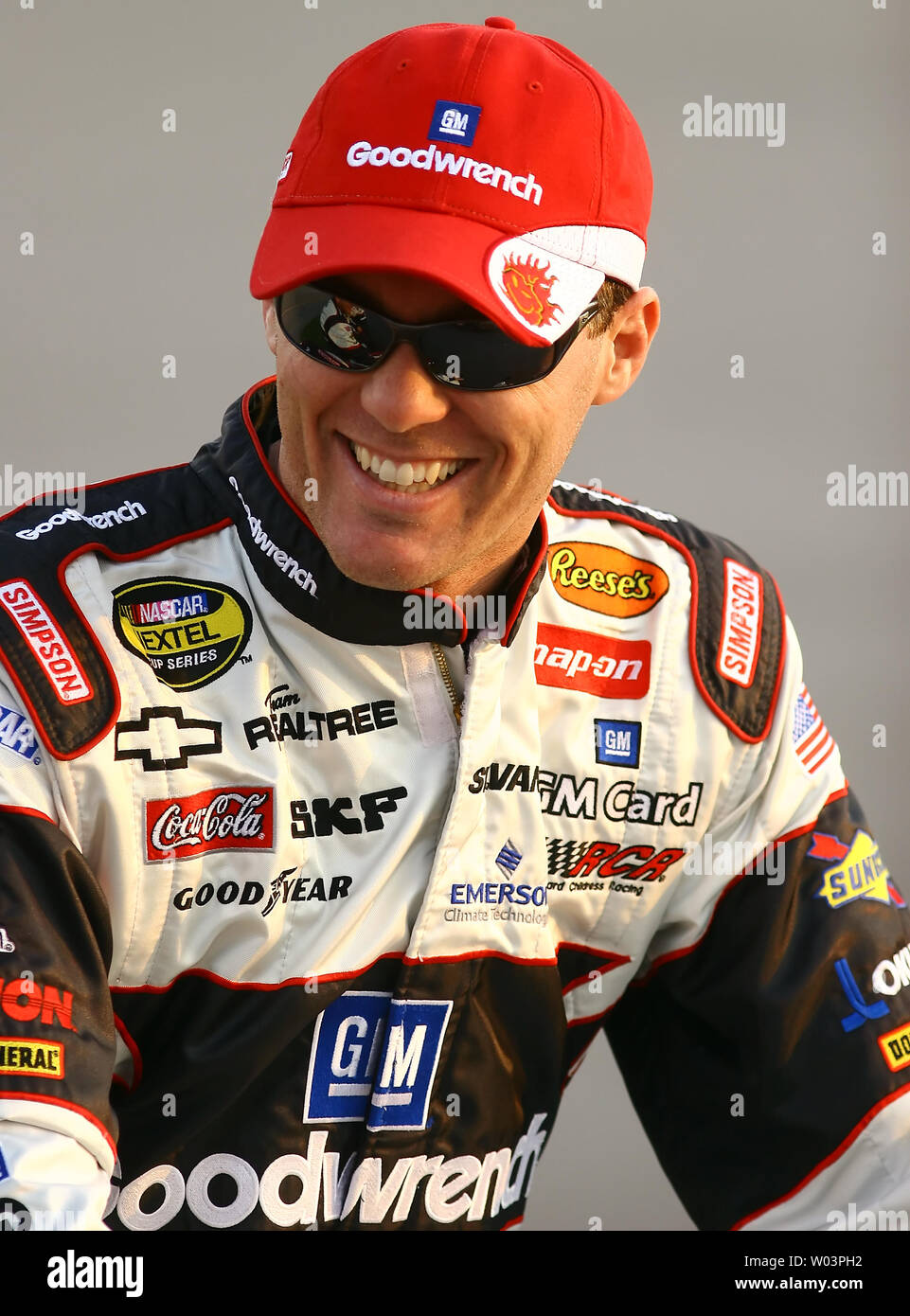 Kevin Harvick, driver of the #29 GM Goodwrench Chevrolet, smiles at drivers introductions before the Crown Royal 400, at the Richmond International Raceway in Richmond, VA on May 6, 2006. (UPI Photo/Christopher Rossi) Stock Photo