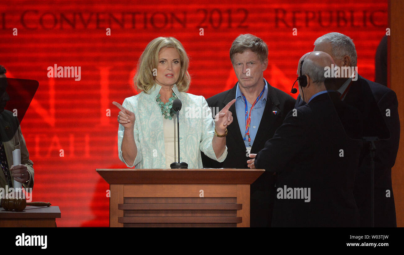 Ann Romney, wife of Republican presumptive presidential candidate Mitt Romney, takes her sound check at the podium at the 2012 Republican National Convention at Tampa Bay Times Forum in Tampa on August 28, 2012.   UPI/Kevin Dietsch Stock Photo