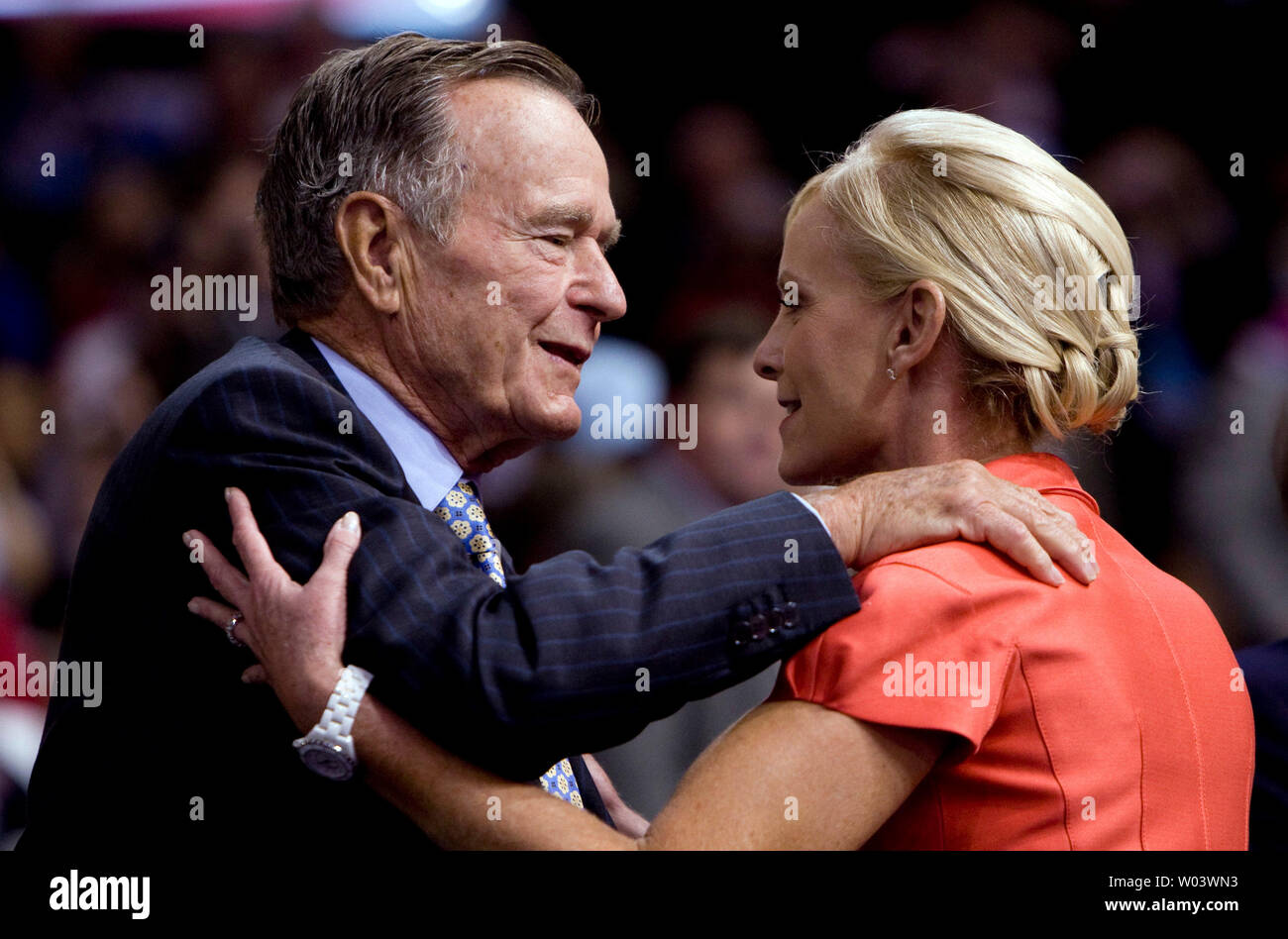 Former U.S. President George H. W. Bush greets Cindy McCain, wife of Republican presidential candidate John McCain, R-AZ, during the second day of the Republican National Convention at the Xcel Energy Center in St. Paul, Minnesota on September 2, 2008. (UPI Photo/Patrick D. McDermott) Stock Photo