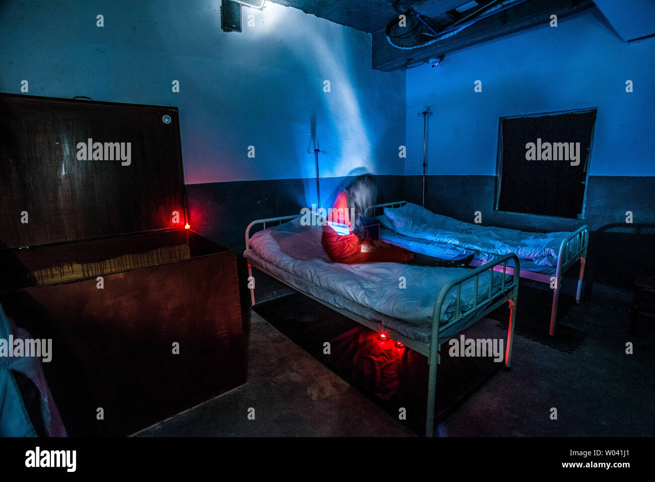 Horror haunted house, hospital-themed secret room escape. Stock Photo