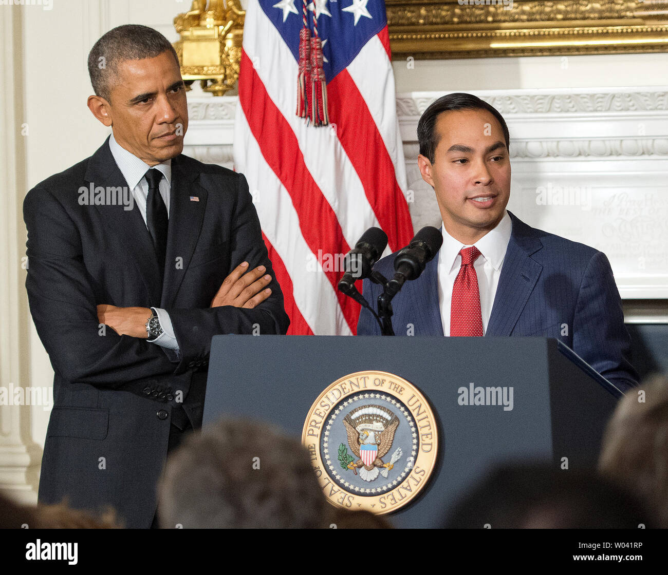 United States President Barack Obama, left,  announces his nomination of San Antonio Mayor Julián Castro, right, as U.S. Secretary of Housing and Urban Development (HUD) replacing current HUD Secretary Shaun Donovan (not pictured) who has been nominated to be Office of Management and Budget (OMB) Director in the State Dining Room of the White House in Washington, D.C. on Friday, May 23, 2014.Credit: Ron Sachs / Pool via CNP /MediaPunch Stock Photo