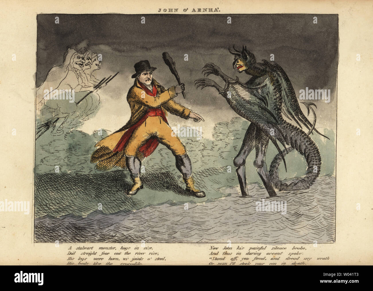 Scottish traveller John o’ Arnha fighting a Kelpy or monster with a cudgel. Three witches flying on broomsticks. A stalwart monster, huge in size, Did streight frae out the river rise, His legs were horn, wi joints o' steel, This body like a crocodile...Handcoloured copperplate engraving from George Beattie’s John o’ Arnha, Montrose, Scotland, 1826. Stock Photo