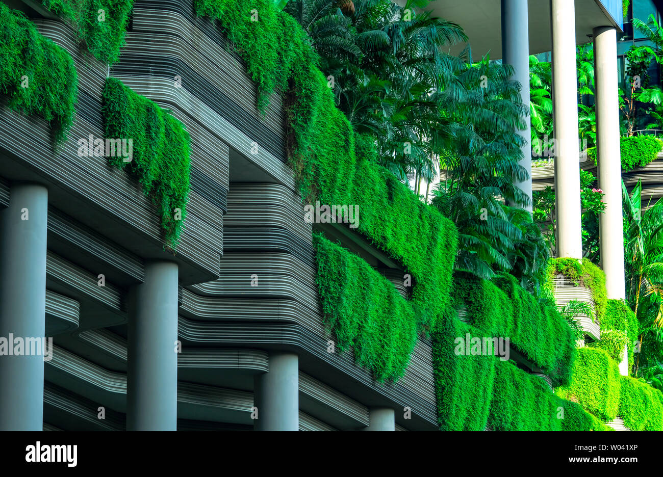 Eco friendly building with vertical garden in modern city. Green plant and tree forest and ivy on facade on sustainable building. Energy saving Stock Photo