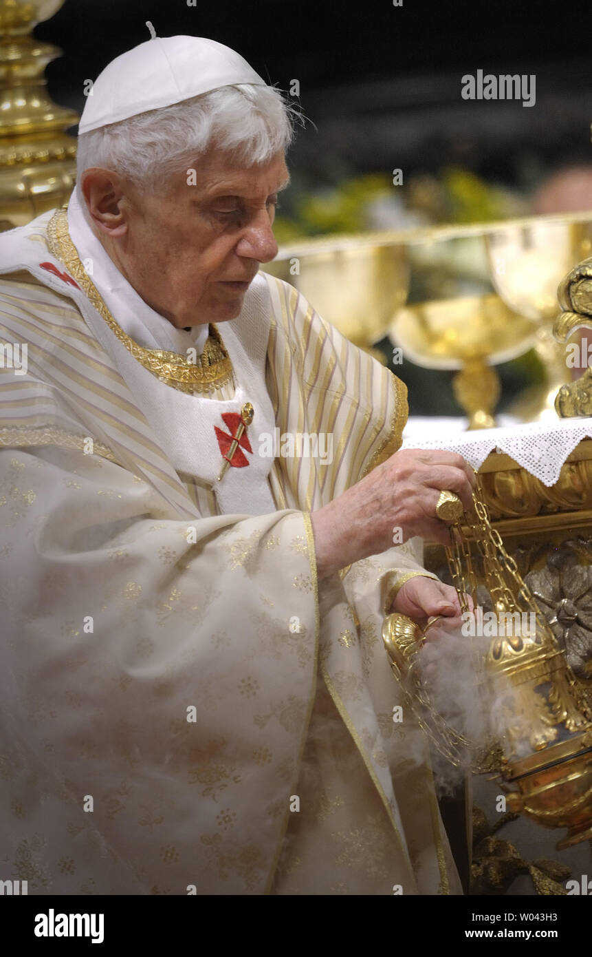 Pope Benedict XVI celebrates the midnight Christmas mass at St. Peter's Basilica in Vatican City on December 24, 2012.    UPI/Stefano Spazani Stock Photo