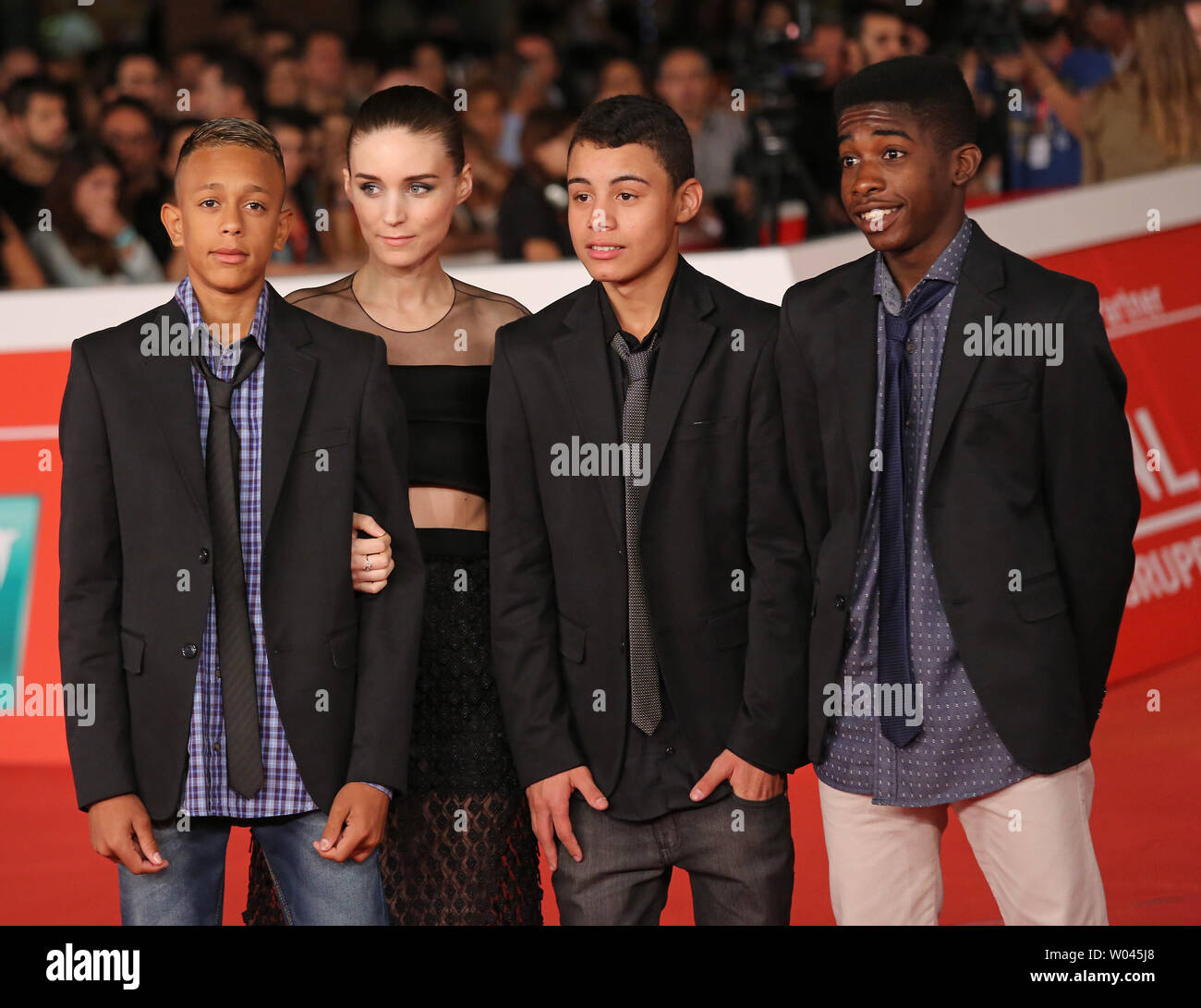 From L to R) Eduardo Luis, Rooney Mara, Gabriel Weinstein and Rickson Tevez  arrive on the red carpet before the screening of the film "Trash" at the  9th annual Rome International Film