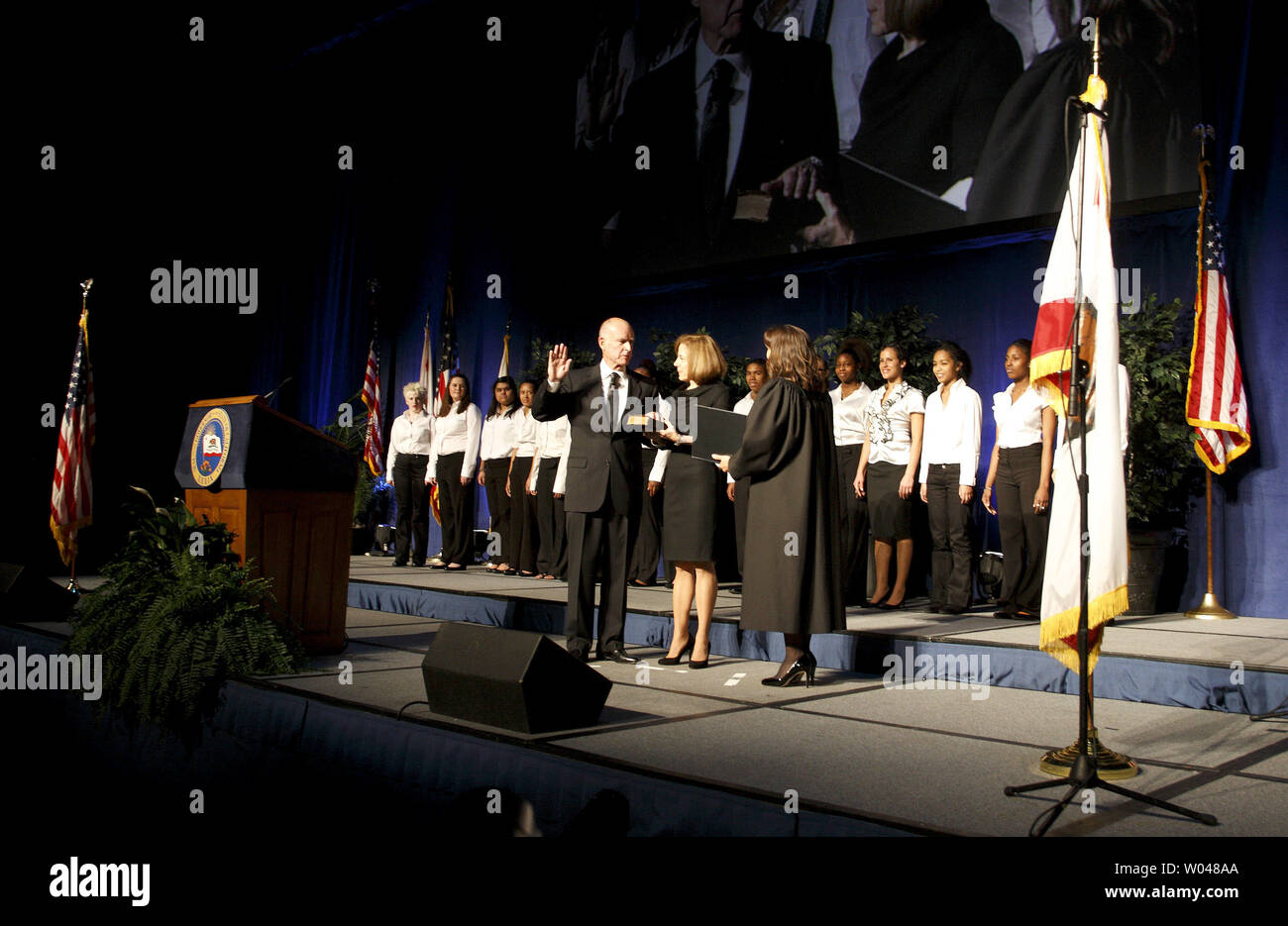 California Governor Jerry Brown is sworn in as the 39th Governor of California at the Memorial Auditorium, in Sacramento, California, January 03, 2011.   UPI/Ken James Stock Photo